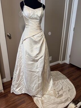 Maggie Sottero Ivory Satin Beaded A-Line Wedding Dress with Train